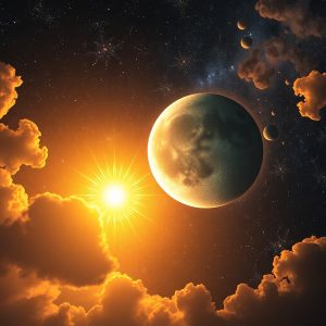 Vacker bild av planeter, stjärnor och kosmiska moln, perfekt för spirituell inspiration och energi.