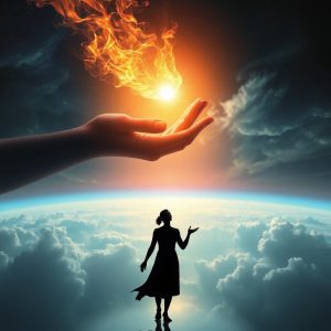 Bild av en hand som håller ett flammande ljus på himlen.