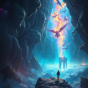 Andligt ljus, drakar och änglar i en mystisk grotta.